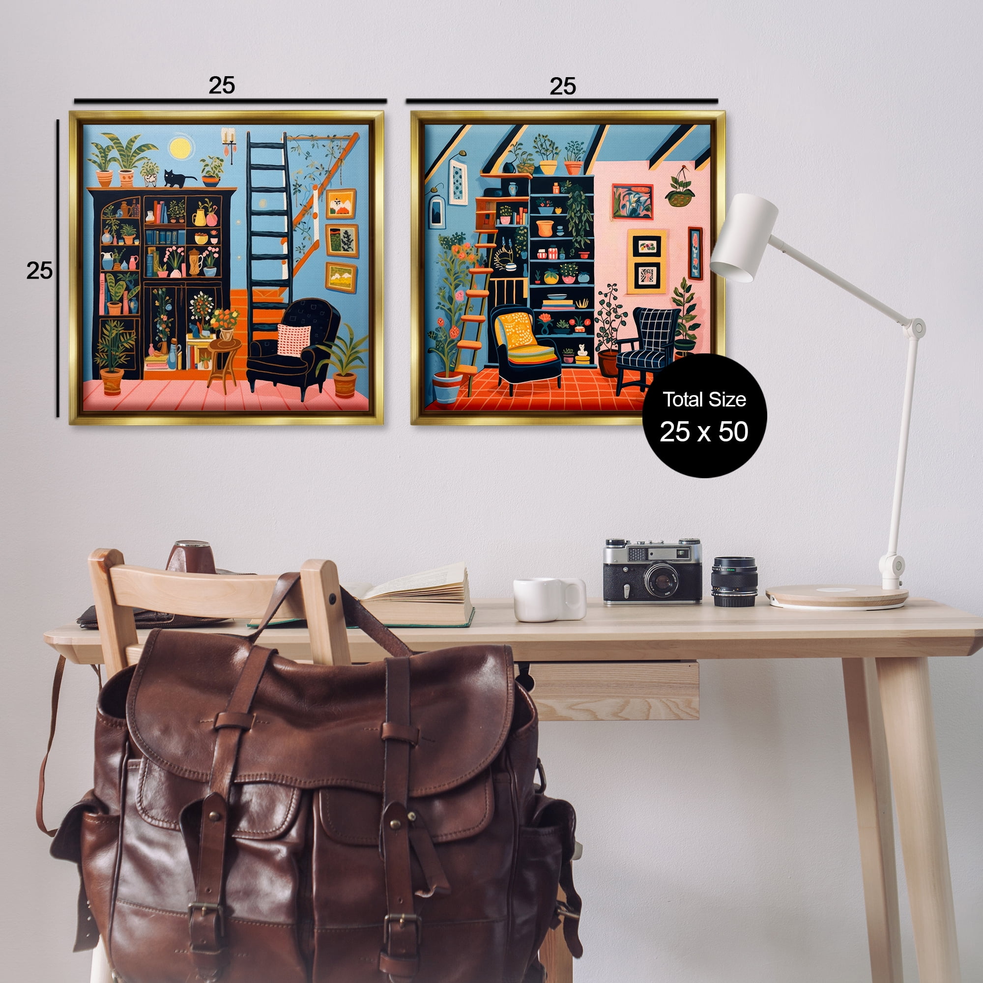 Stupell Industries Cozy Decorated Reading Nook Furniture Painting Gold Floater Framed Canvas Art Print Wall Art, 25 x 25, Set of 2