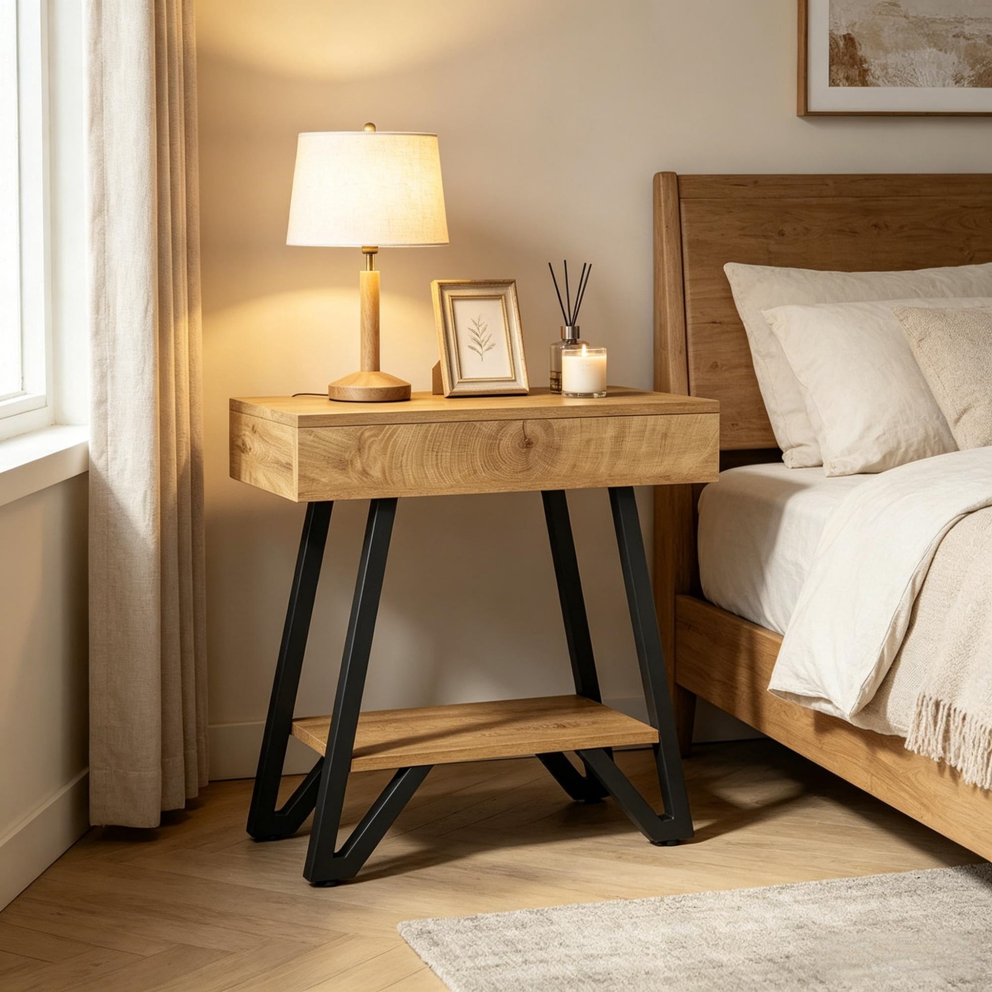 Solid Wood Side Table with A-Frame Design for Living Room