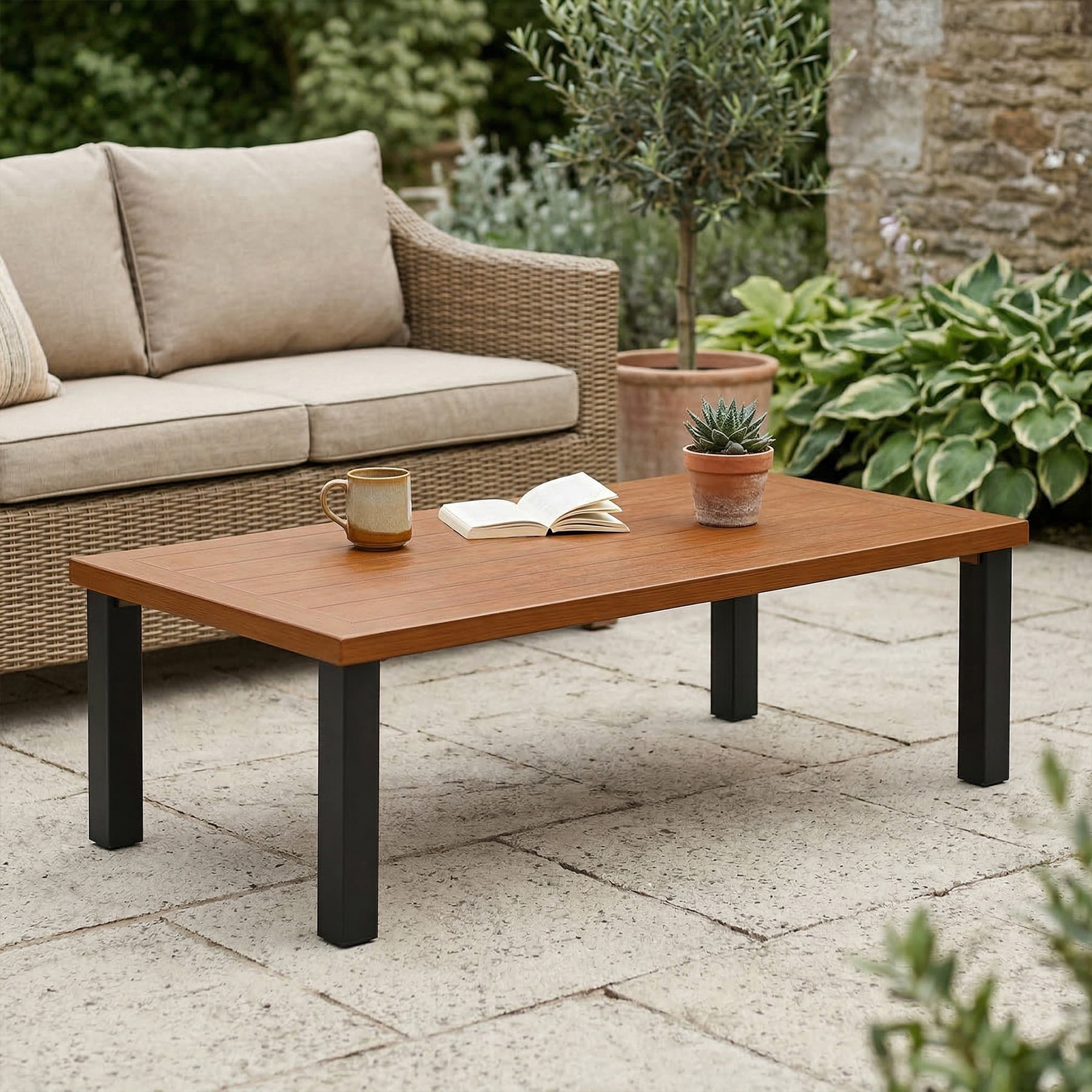 Fnova Outdoor Rectangular Coffee Table, Large Patio Table with Sturdy Metal Frame, Modern Outdoor Furniture for Patio Backyard Garden Poolside