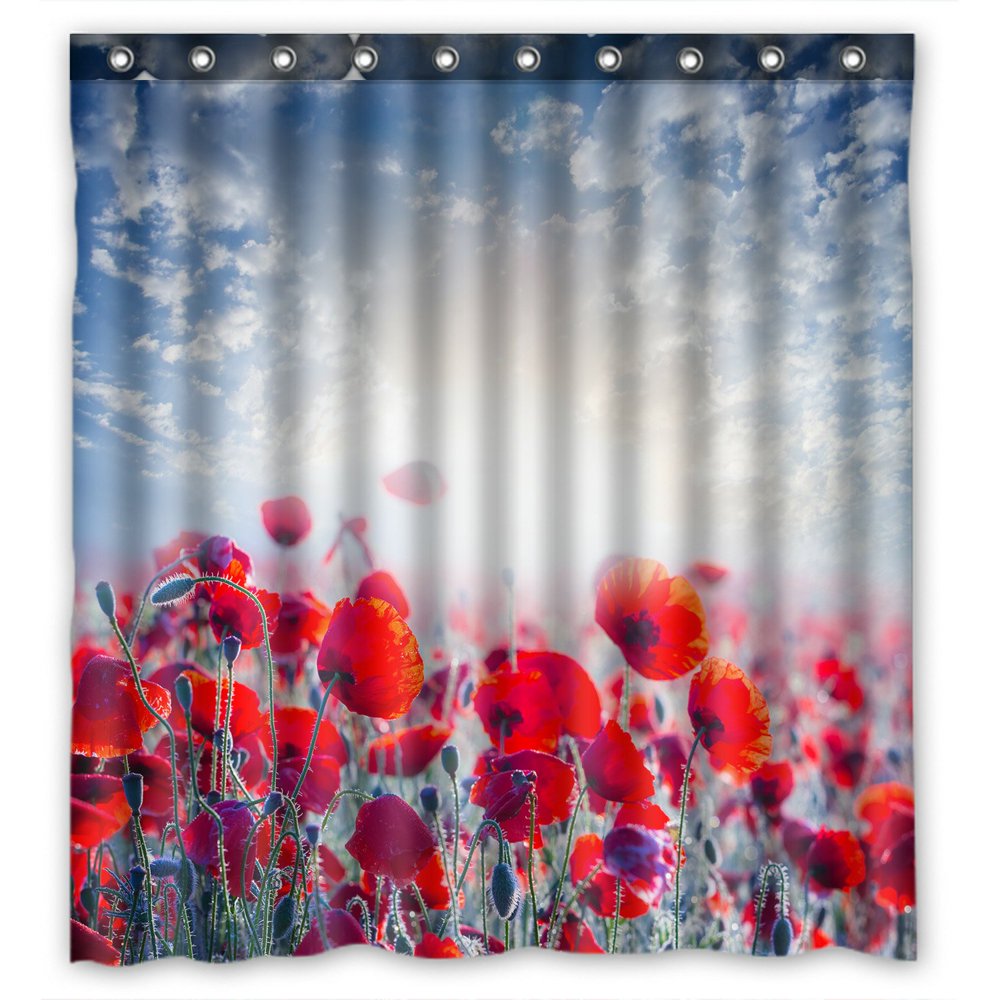 PHFZK Poppy Flower Shower Curtain, Red Poppies Field against the Cloudy