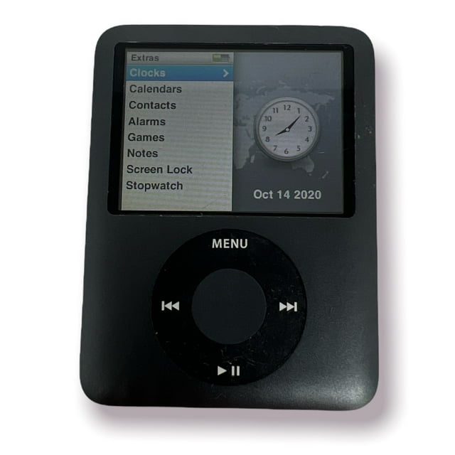 Apple iPod Nano 3rd Gen 8GB Black MP3 player in excellent condition. Features a 2-inch bright display with 320 x 240 resolution, click wheel navigation, and preloaded games like Vortex and iQuiz. Includes new headphones, a 30-pin charging cable, and a Griffin case. Compact design with 24-hour music playback and 5-hour video playback capabilities.