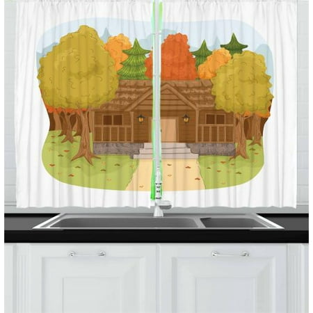 Country Curtains 2 Panels Set, Log Cabin Surrounded by Autumn Trees in Forest Illustration Outdoors Activity Theme, Window Drapes for Living Room Bedroom, 55W X 39L Inches, Multicolor, by (Best Log Cabin Treatment)