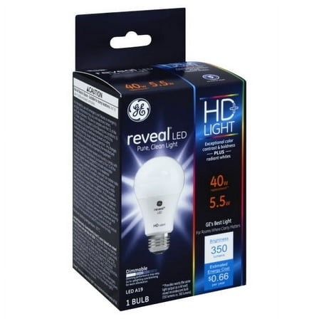 GE reveal LED A19 LED Light Bulb, 5.5 watt, 350 lumen, 40 watt replacement, Dimmable, HD Light, radiant whites, exceptional contrast and boldness