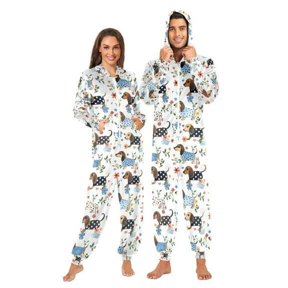 Adult Christmas Onesie Dachshund Adult Zipper One-Piece Pajamas Unisex Pajamas with Pockets
