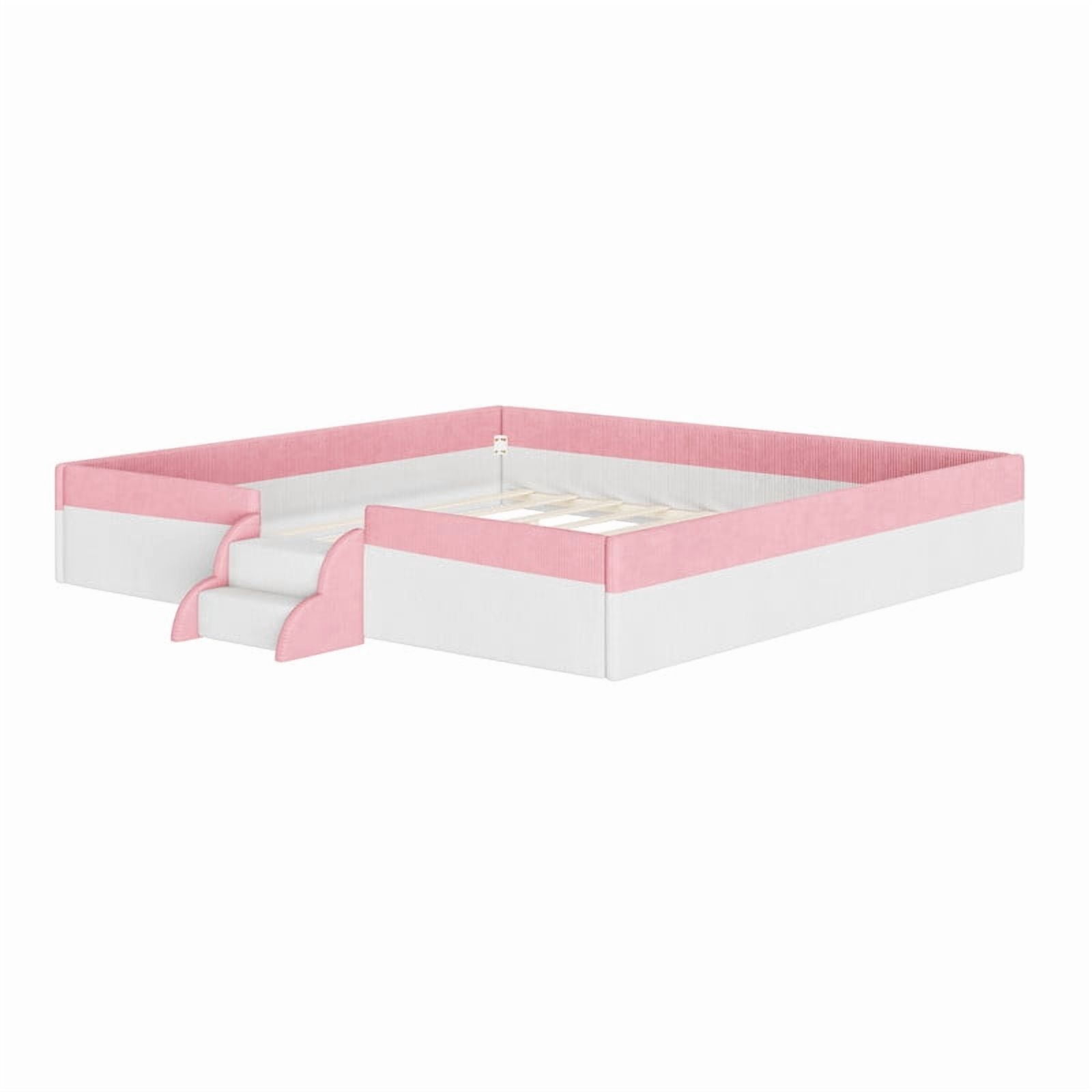 King Size Upholstered Floor Bed with Fence, 2-Tier Steps and Smart LED Lights, Corduroy Platform Bed Frame with Guardrails, Low Profile Montessori Bed for Boys Girls