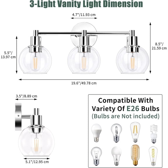 3-Light Chrome Bathroom Vanity Light Fixture, Polished Chrome Globe Wall Sconce, Industrial Farmhouse Lighting Over Mirror for Bathroom