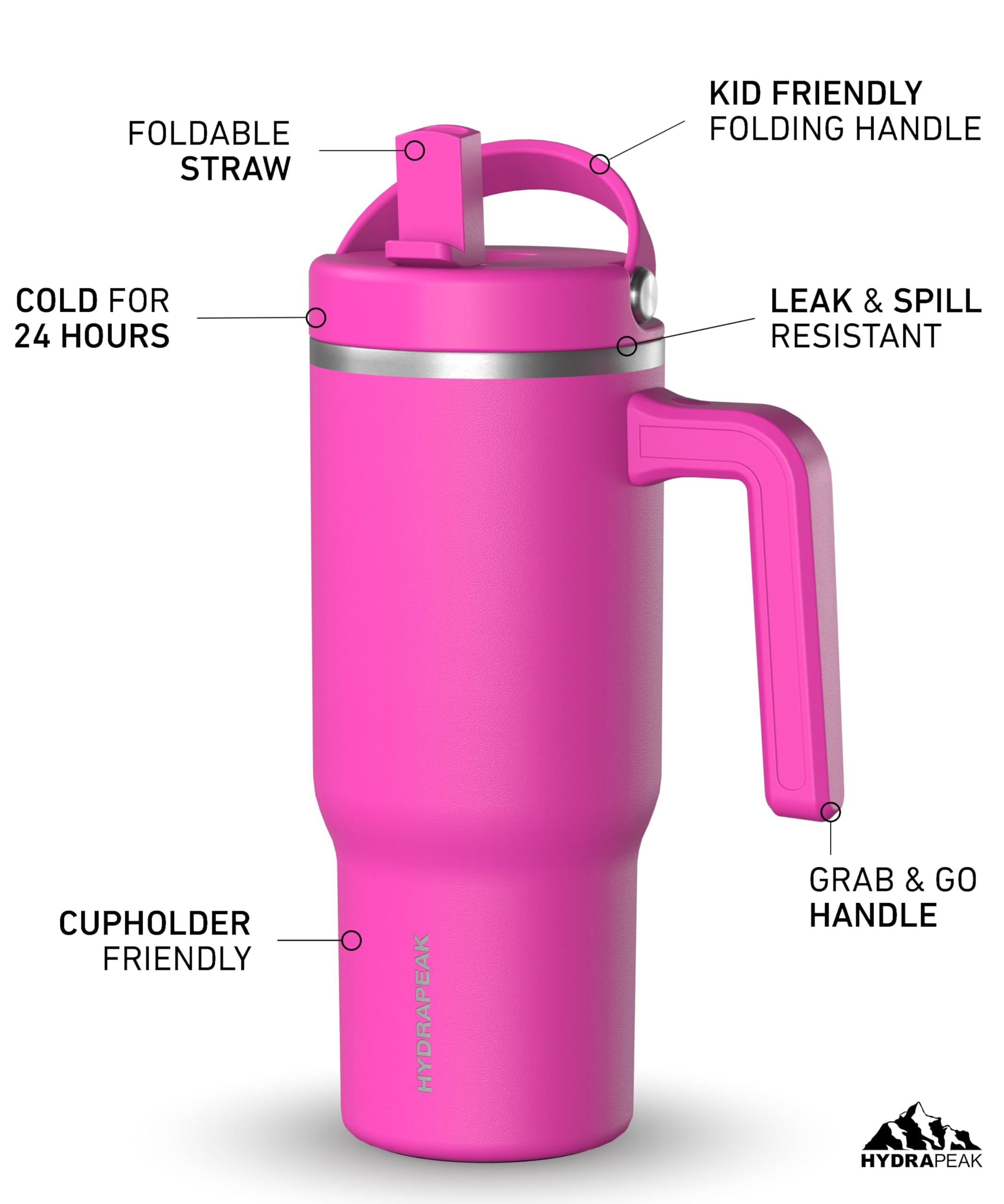 Hydrapeak Kids Voyager 18 oz Tumbler with Handle and Flip-Up Straw Lid | Spill Proof and Leak Resistant | Reusable Stainless Steel Water Bottle | Gift for Kids Boys Girls | Fuchsia