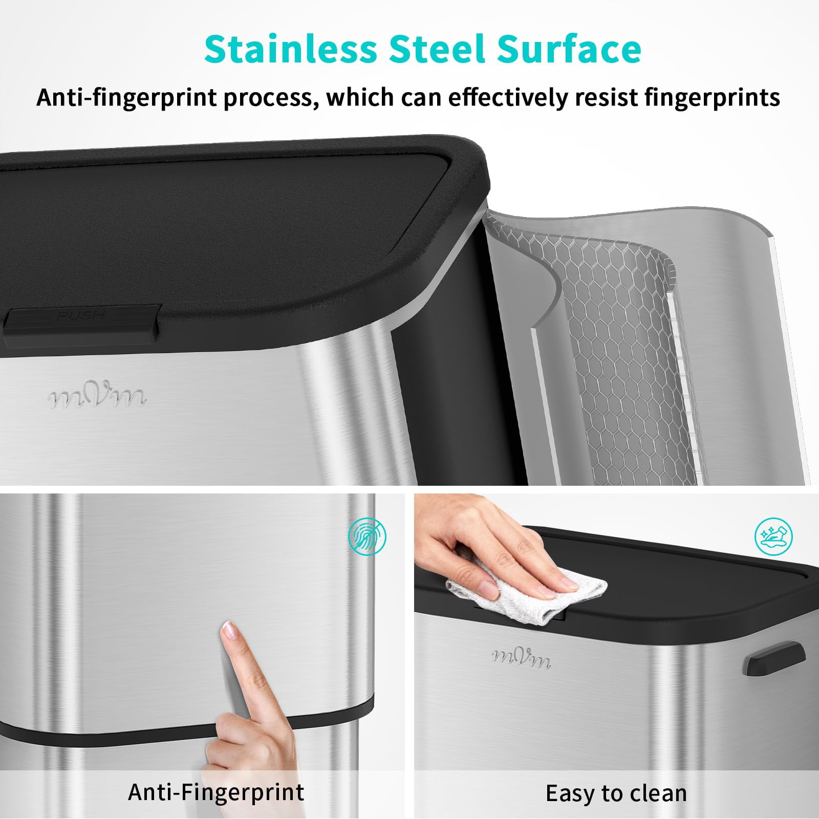 mVm 16 Gal Kitchen Trash Can, Touch Top Large Garbage Can (Silver)