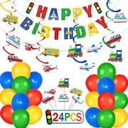 Angle View: Transportation Birthday Decorations Party Supplies Happy Birthday Banner Car Bus Train Plane Ship Traffic Light Garland and Hanging Decorations, 20pcs Party Balloons 24pcs Cake Toppers for Kids Birthd
