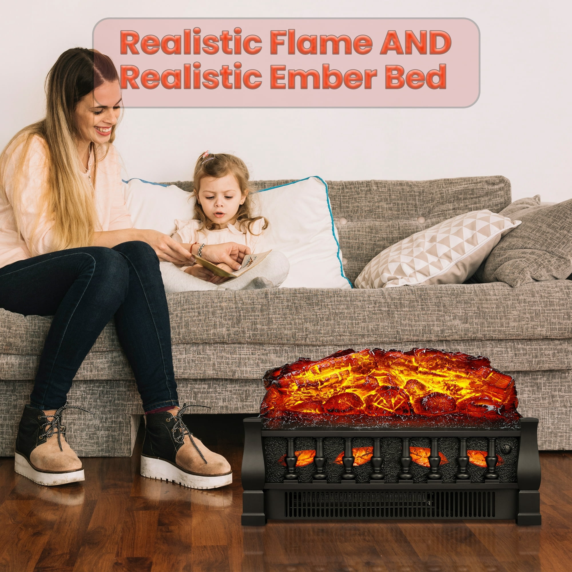 Electric Fireplace Log Set Heater 21IN, Remote Control, Flame Brightness Adjustable, Realistic Ember Bed