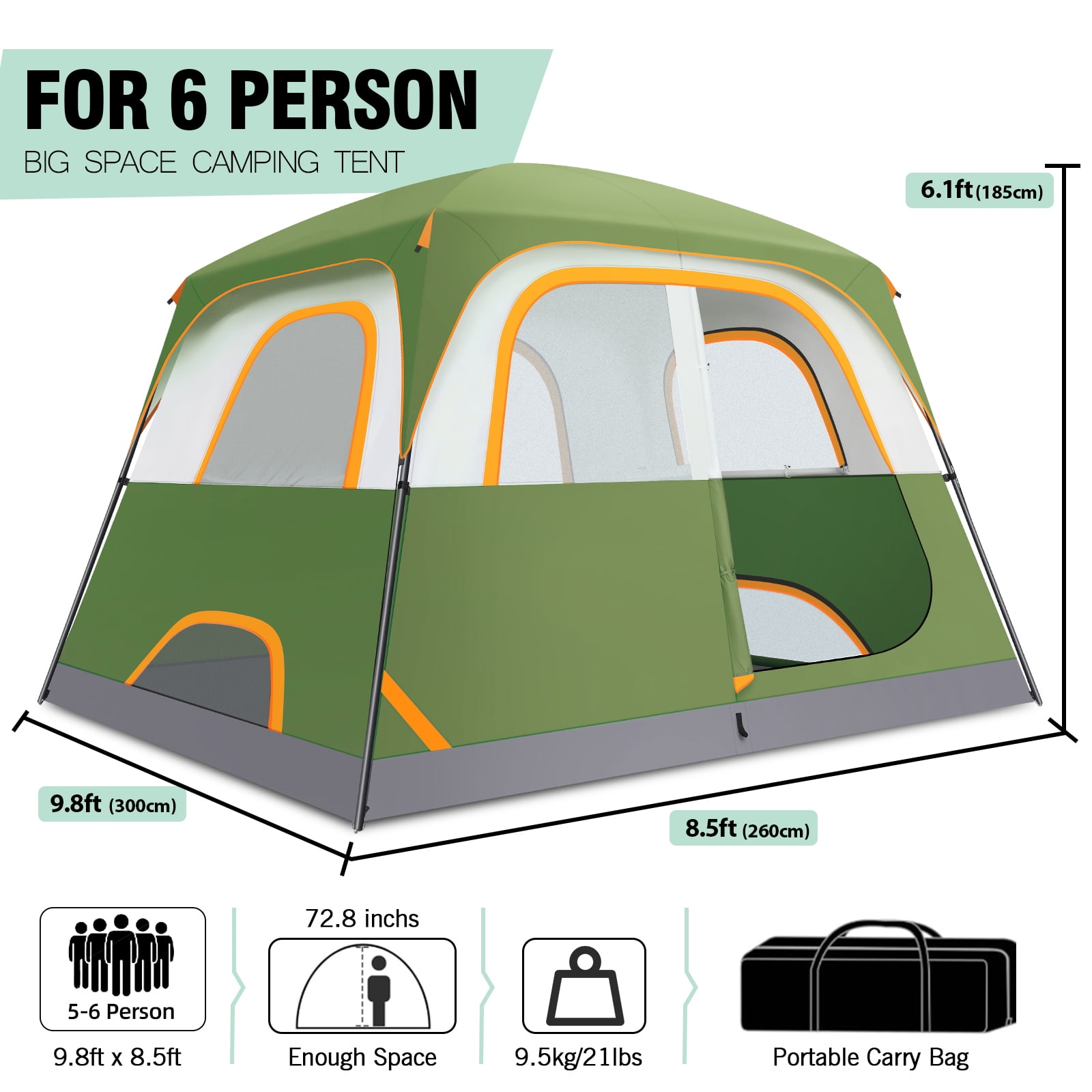 COBIZI 6 Person Tent for Camping with Waterproof Rainfly,EZ Set up Tent Windproof Instant Family Cabin Camping Tent with Mesh Door & Ventilation Windows for Beach Camping Hiking Backpacking,Green