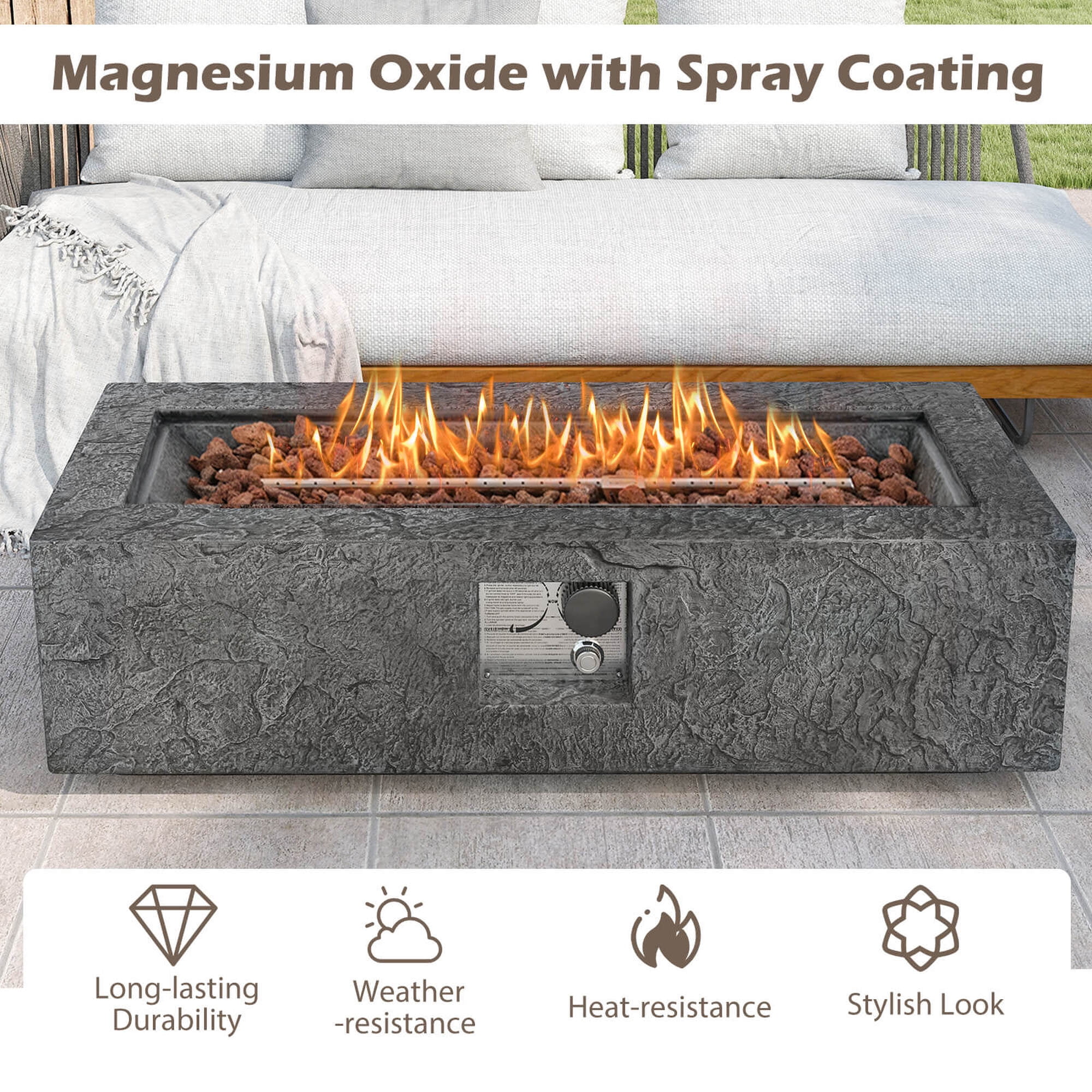 Costway 42.5" Magnesium Oxide Propane Gas Fire Pit with Hideaway Tank Holder Lava Rocks