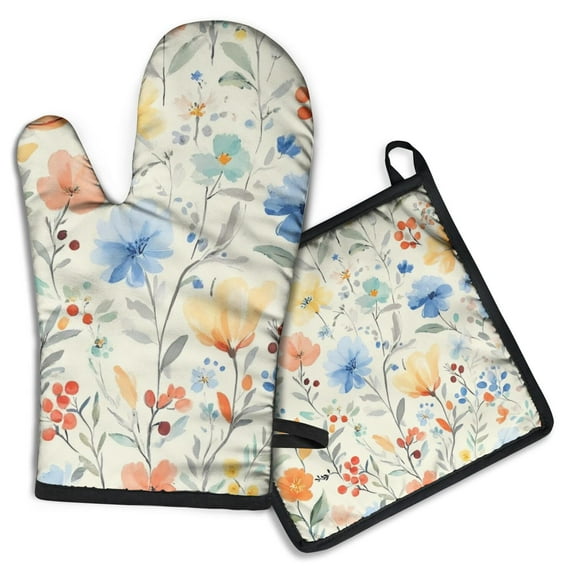 Pioneer Flower Kitchen Oven Mitt and Pot Holder Sets 2 Pcs for Baking, Cooking and Grilling, Heat Resistant Up To 392 °F