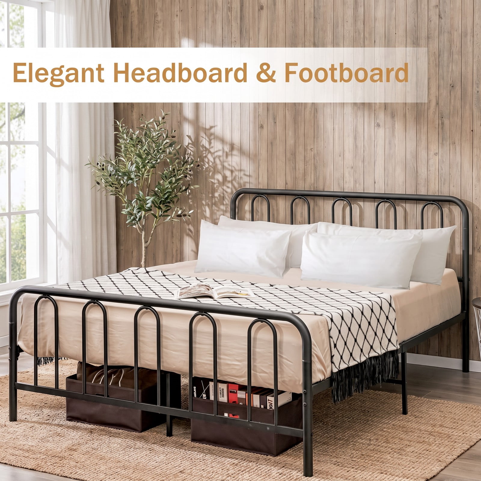 Furnibear Queen Bed Frame with Headboard, Metal Platform Bed Frame with Arched Headboard, Footboard and Under Bed Storage, Black
