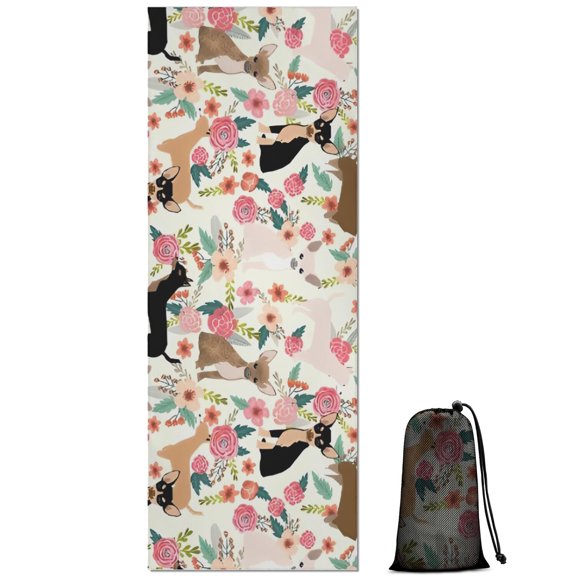 Chihuahua and Pioneer Flower Hot Yoga Mat Towel Non Slip for Hot Yoga - Quick-Drying Yoga Mat Cover with 4 Corner Pockets with Travel Bag - Hot Yoga Towel Non Slip Grip Moisture Wicking Sweat 70"x26"