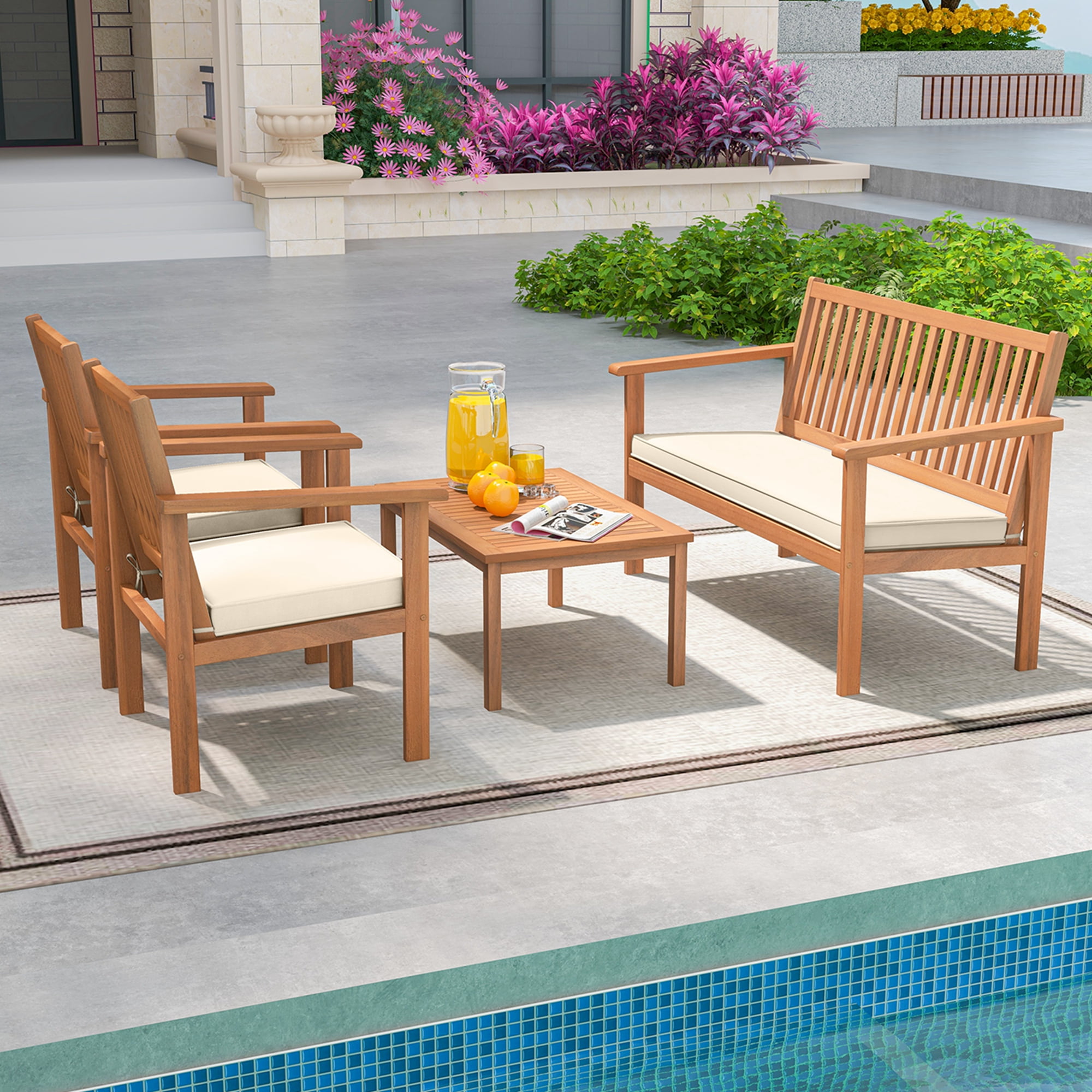 Costway 4 Piece Acacia Wood Patio Wood Furniture Set