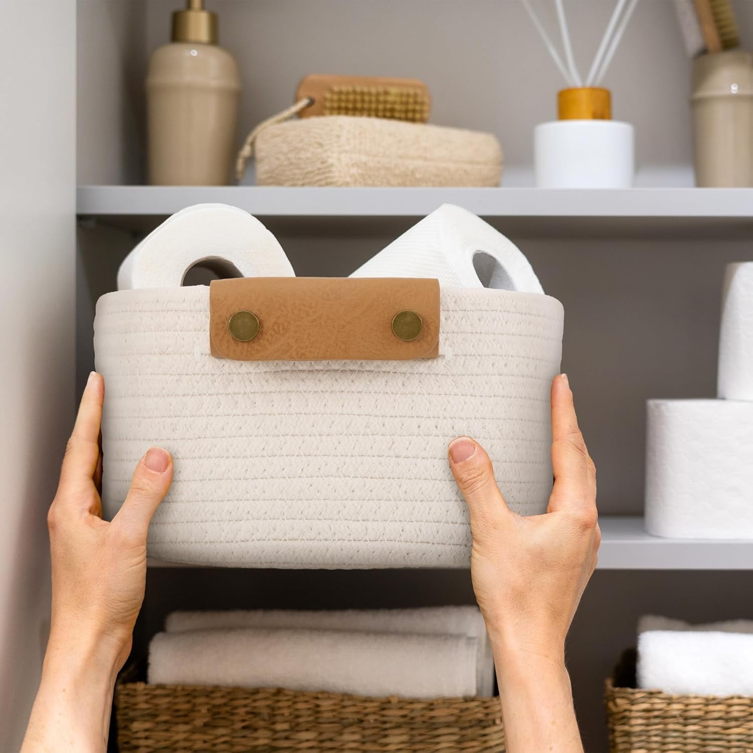 5 Pack Storage Baskets Set , Natural Woven Cotton Rope Organizer Bins for Shelves, Closet, Bathroom , Foldable Home Decor Basket for Bedroom, Living Room , Farmhouse, Modern Style