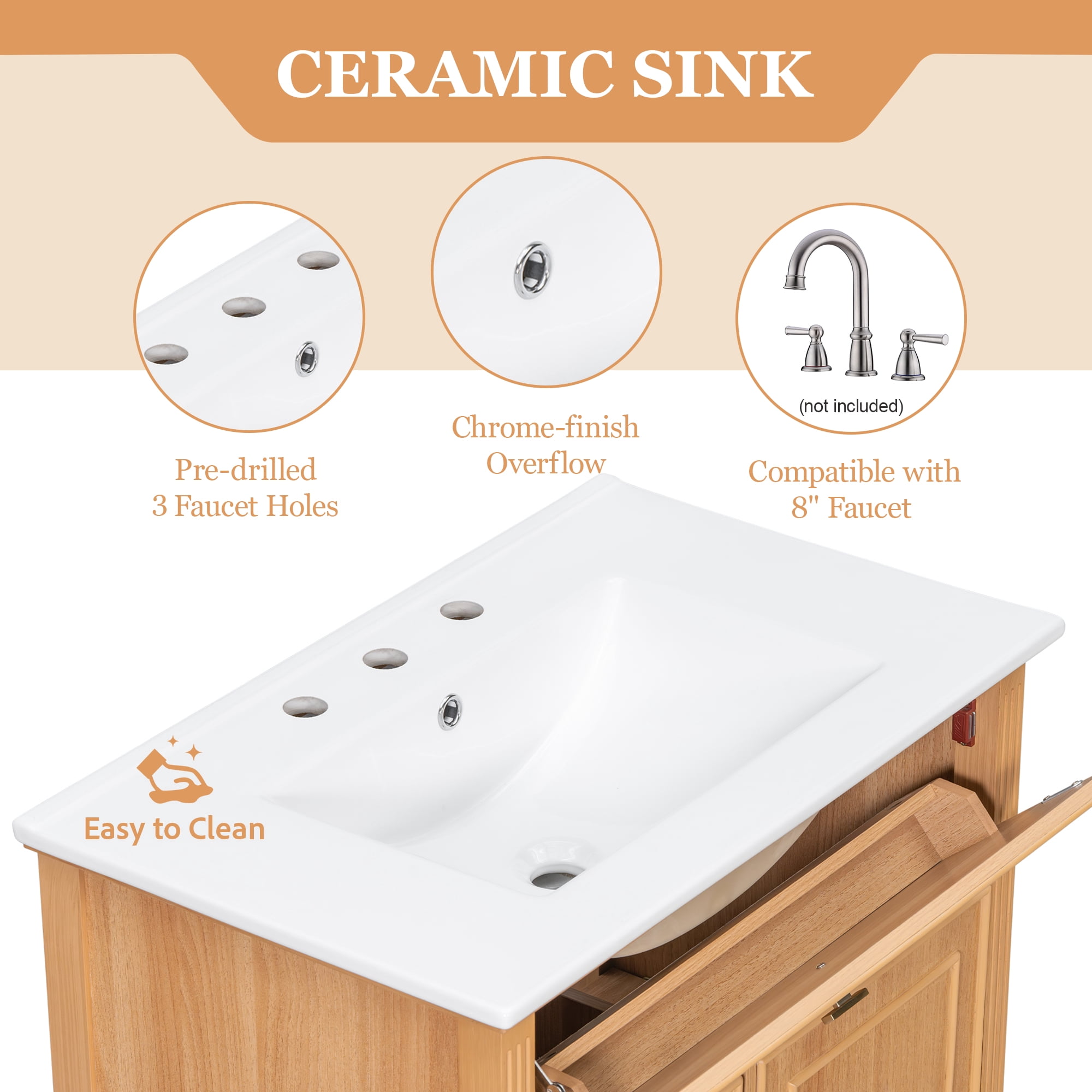 30-Inch Bathroom Vanity with Ceramic Sink and Flip Drawer, Solid Wood Cabinet with Adjustable Shelf for Bathroom, Natural