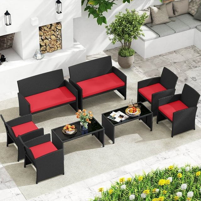 Costway 8 PCS Patio Conversation Set with Seat Cushions & Tempered Glass Tabletop, Porch Red+Black