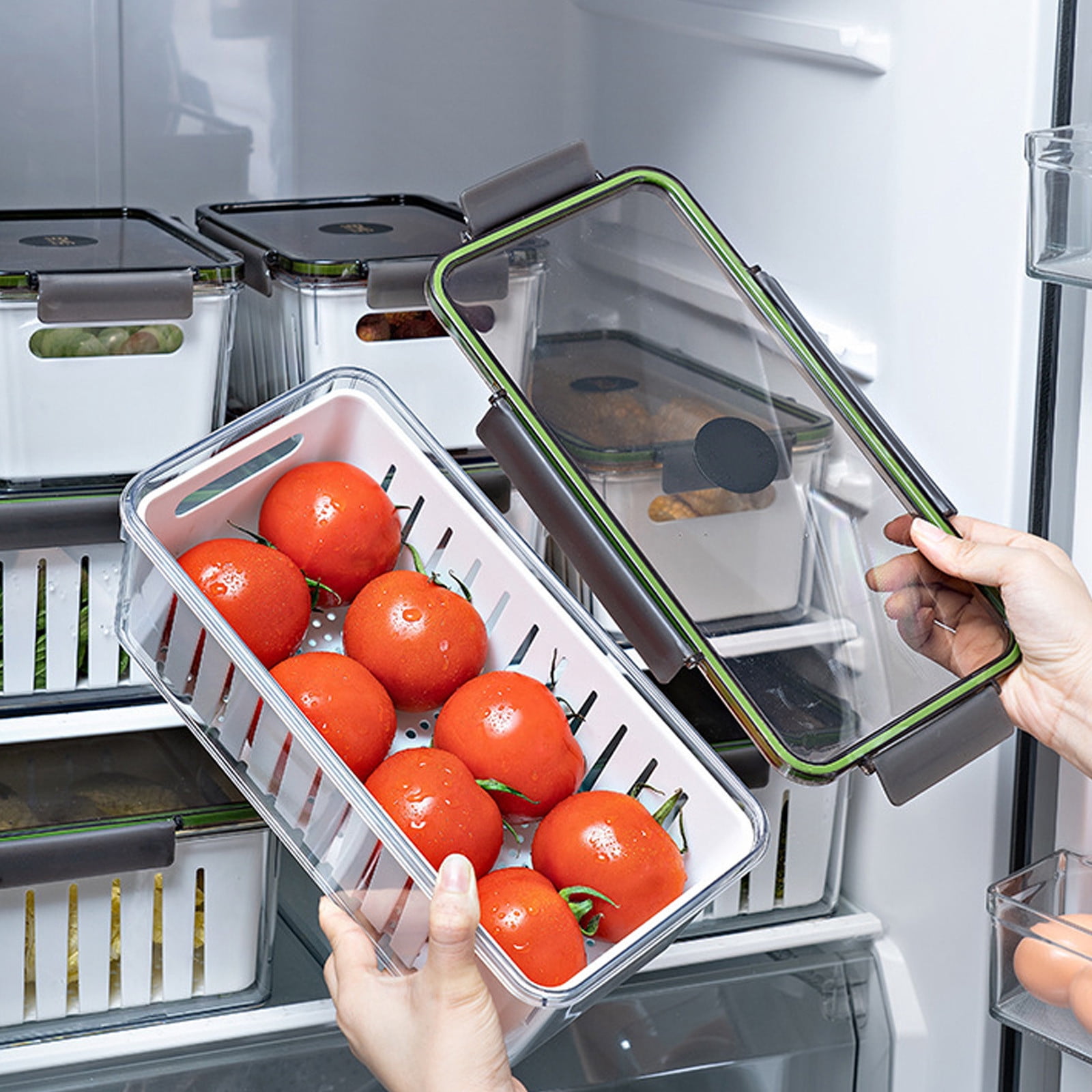 COM1950s Large Capacity Food Storage Container with Removable Draining Basket,Salad Keeper for Vegetables,12.6X8.7X4.5 Inches Airtight Kitchen Organizer,Refrigerator Microwave Dishwasher Safe