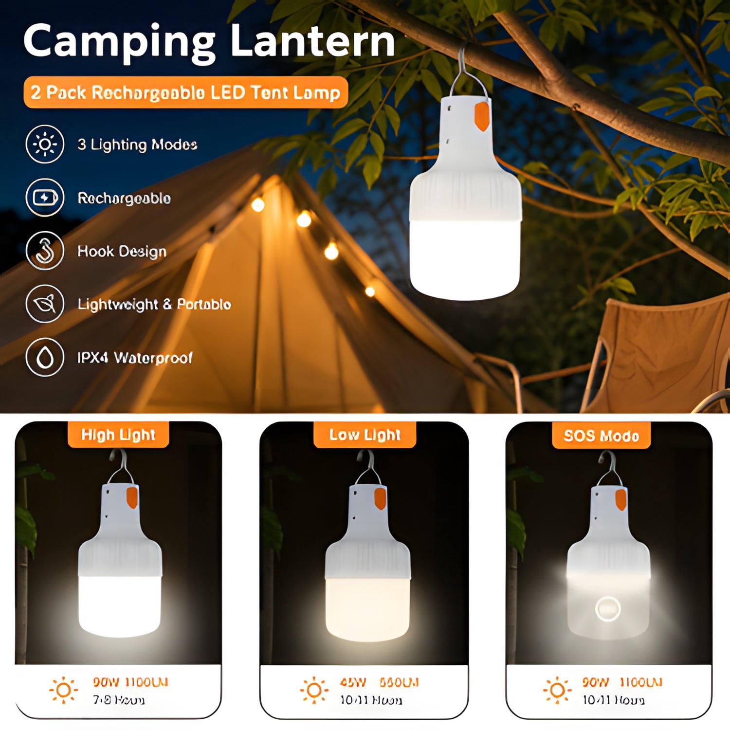 Camping Lantern, 2 Pack Rechargeable LED Tent Lamp Lights Bulb Portable Hanging 3 Lighting Modes 90W with Clip Hook for Camping, Hiking, Fishing, White