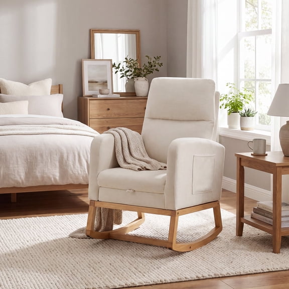 Homhum Nursery Rocking Chair with Side Pocket, Upholstered Recliner Chair with Footrest, Beige