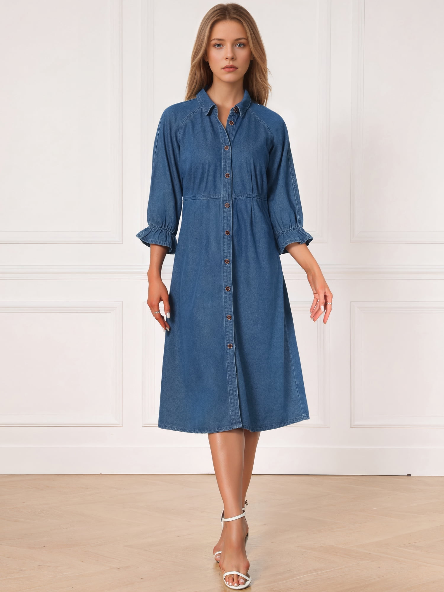 DARING DIVA Women's Collared Ruffle 3/4 Sleeve Jean Button Down Shirt Dress XL Gray Blue