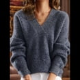thumbnail image 2 of Suéteres de Cuello en V para Mujer, Blusa Holgada Informal de Punto de Larga, para Otoño. Gris L, 2 of 3