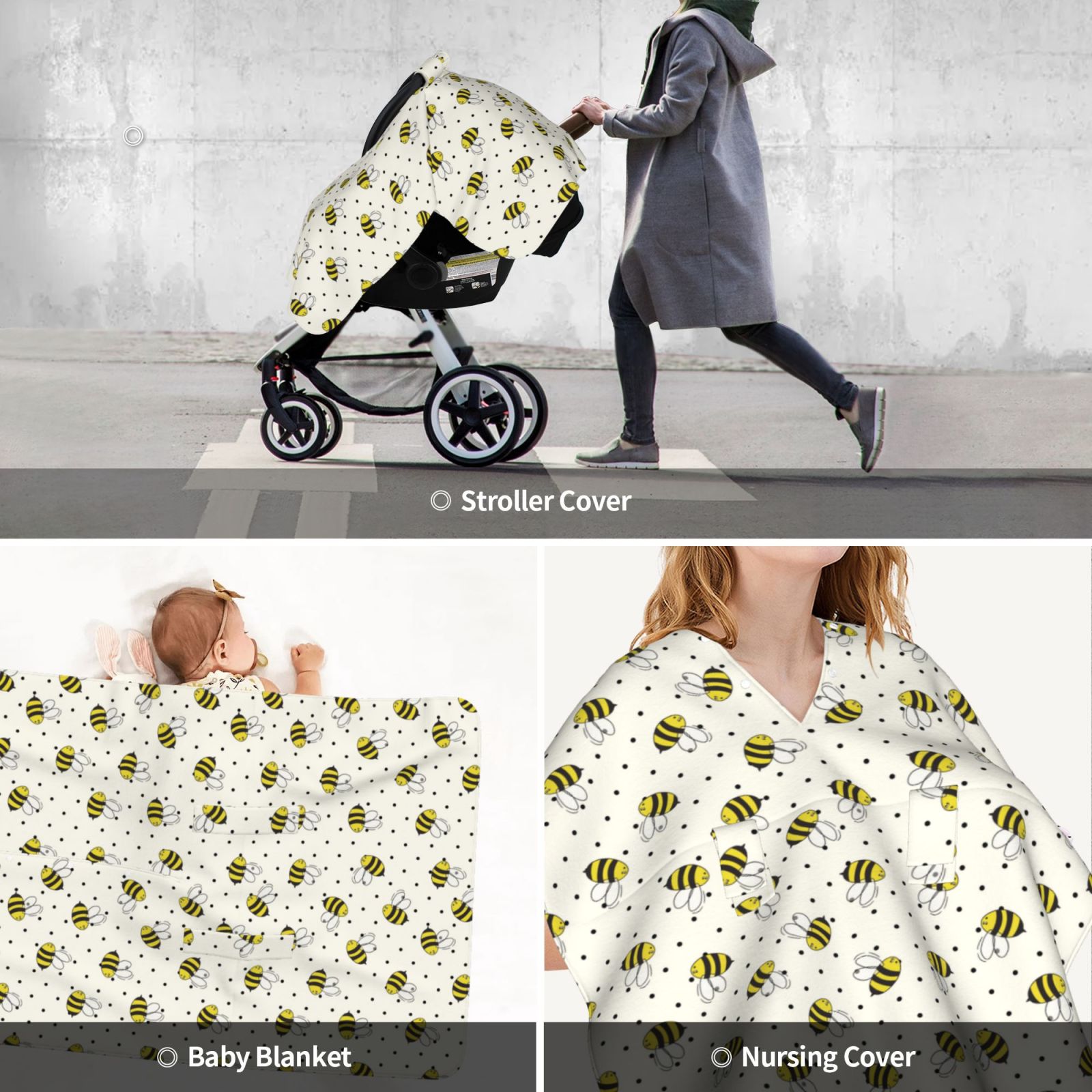 Car Seat Cover Baby - funny bees polka dots Breathable Infant Car Seat Cover for Baby Carseat, Lightweight Comfort Baby Essentials Must Haves Newborn Stuff for Girl Boy