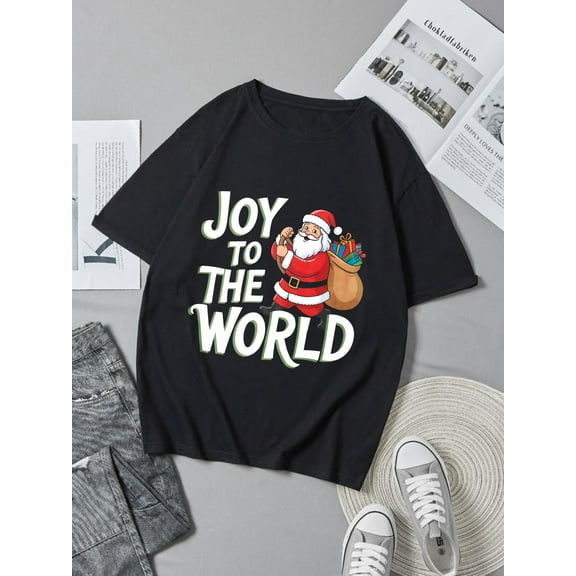 Christmas Santa Claus Joy To The World Print Holiday Party Wear Black Graphic T-Shirt for Men and Women ,Tops Tee