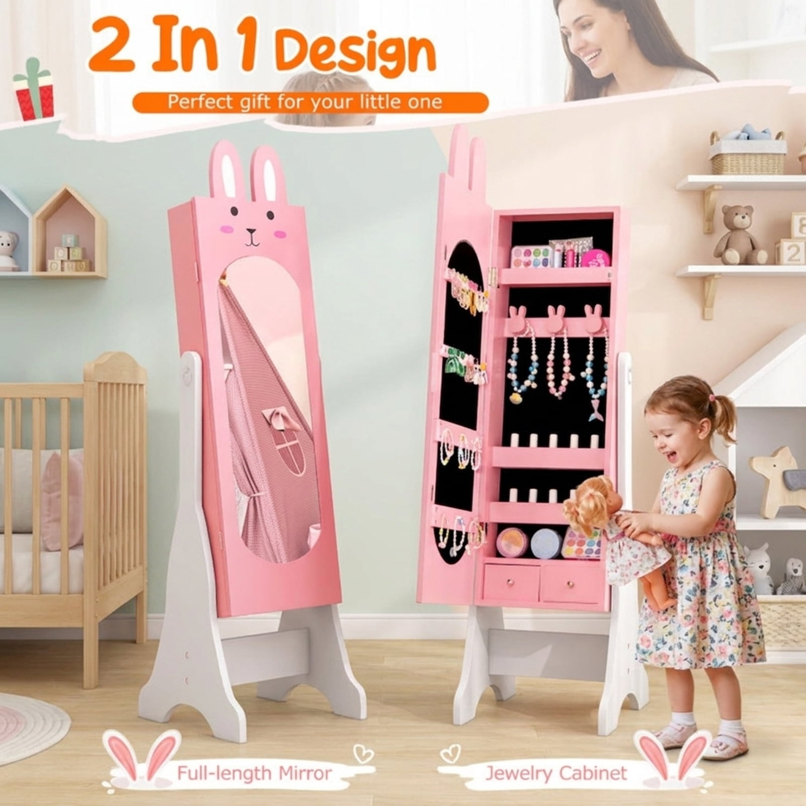Furnibear Kids Room Furniture Set with Princess Vanity Table and Chair and Jewelry Armoire Mirror for Girls Bedroom, Pink