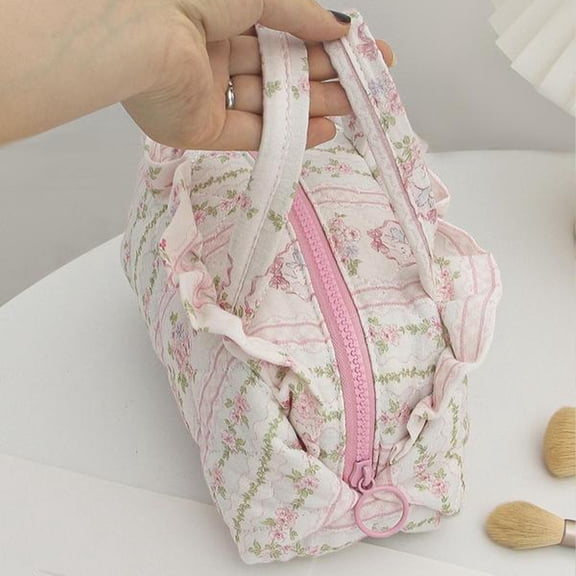 Cotton Quilted Floral Print Makeup Bag Large Capacity Handheld Cosmetic Organizer Portable Cute Toiletry Pouch for Girls Students Travel Daily Use (Pink)