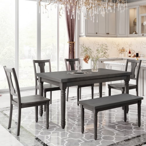 6 Pcs Dining Set With Bench Rectangular Table Rustic Grey Com Bench Rectangular Dining Table Set, Rustic Extendable Dining Table Set