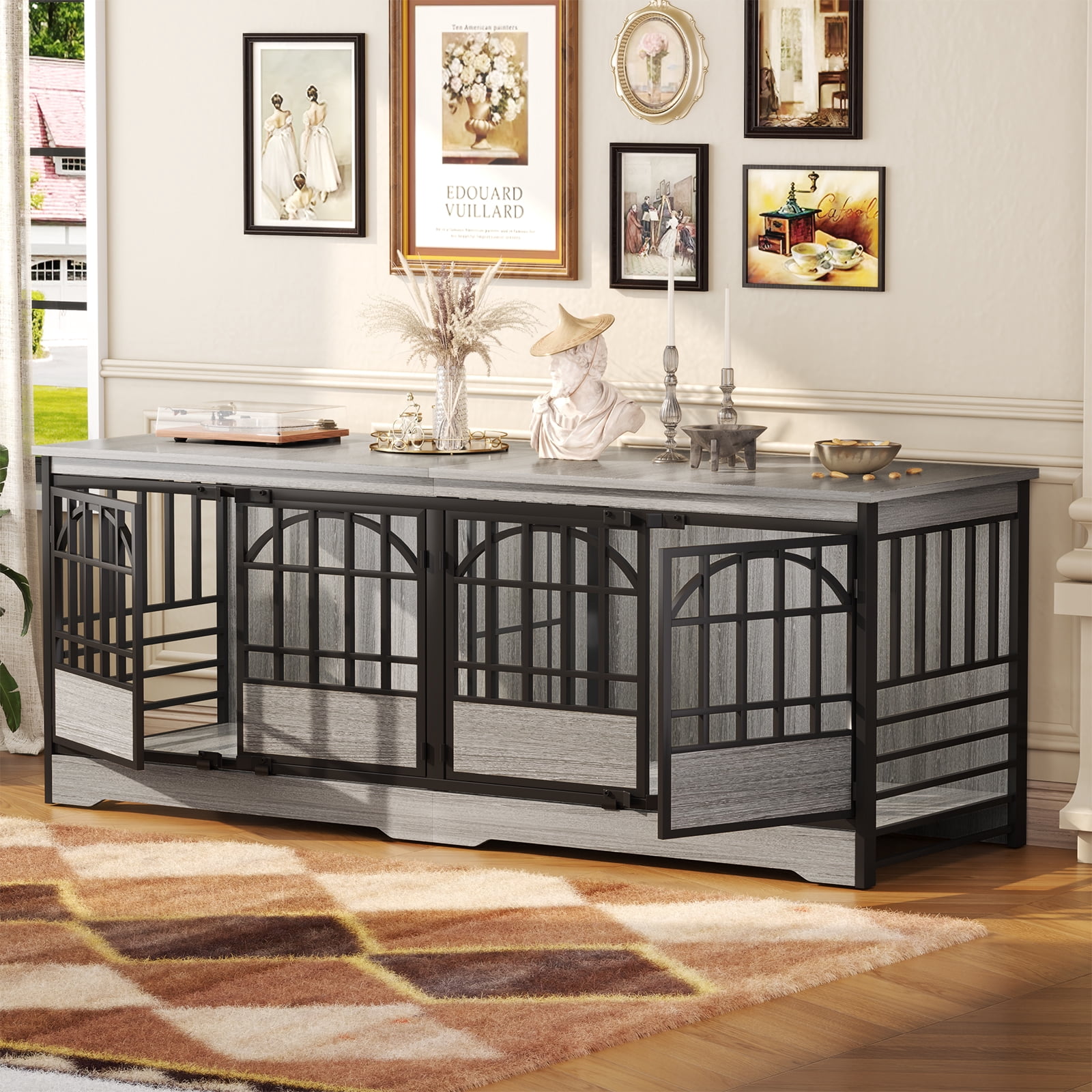 Bel Ark 86 inch Double Dog Crate Furniture for 2 Large Dogs Heavy Duty Double Dog Crates Furniture Indoor as TV Stand,Large Gray