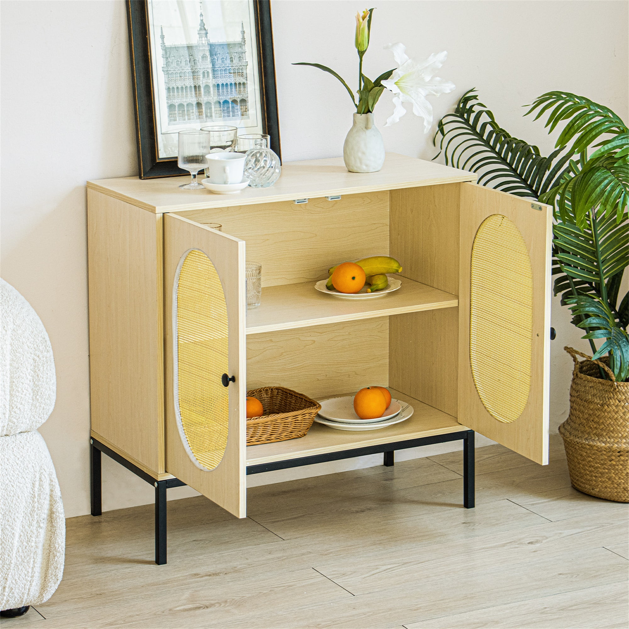 Kadyn 31.5" Tall 2 - Door Accent Cabinet, Kitchen Storage Cabinet with 2 Rattan Doors and Metal Legs, Entryway Sideboard for Living Room, Natural Wood Kadyn 31.5" Tall 2 - Door Accent Cabinet, Kitchen Storage Cabinet with 2 Rattan Doors and Metal Legs, Entryway Sideboard for Living Room, Natural Wood