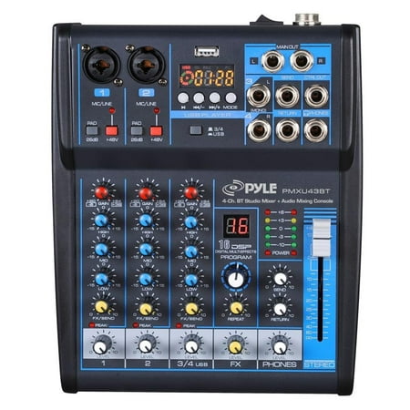 Pyle Professional Audio Mixer Sound Board Console System Interface 4 Channel USB BT MP3 Computer Input 48V Phantom Power Stereo DJ Studio Streaming FX 16-Bit DSP