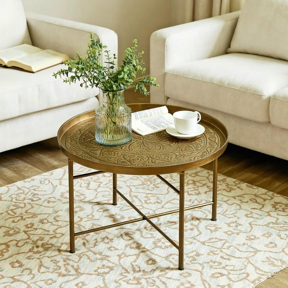 Resenkos 24" Round Coffee Table, Handmade Hammered Tray Top with Metal Frame, Adjustable Foot Pads for Living Room/Bedroom, Brushed Finish, Gold