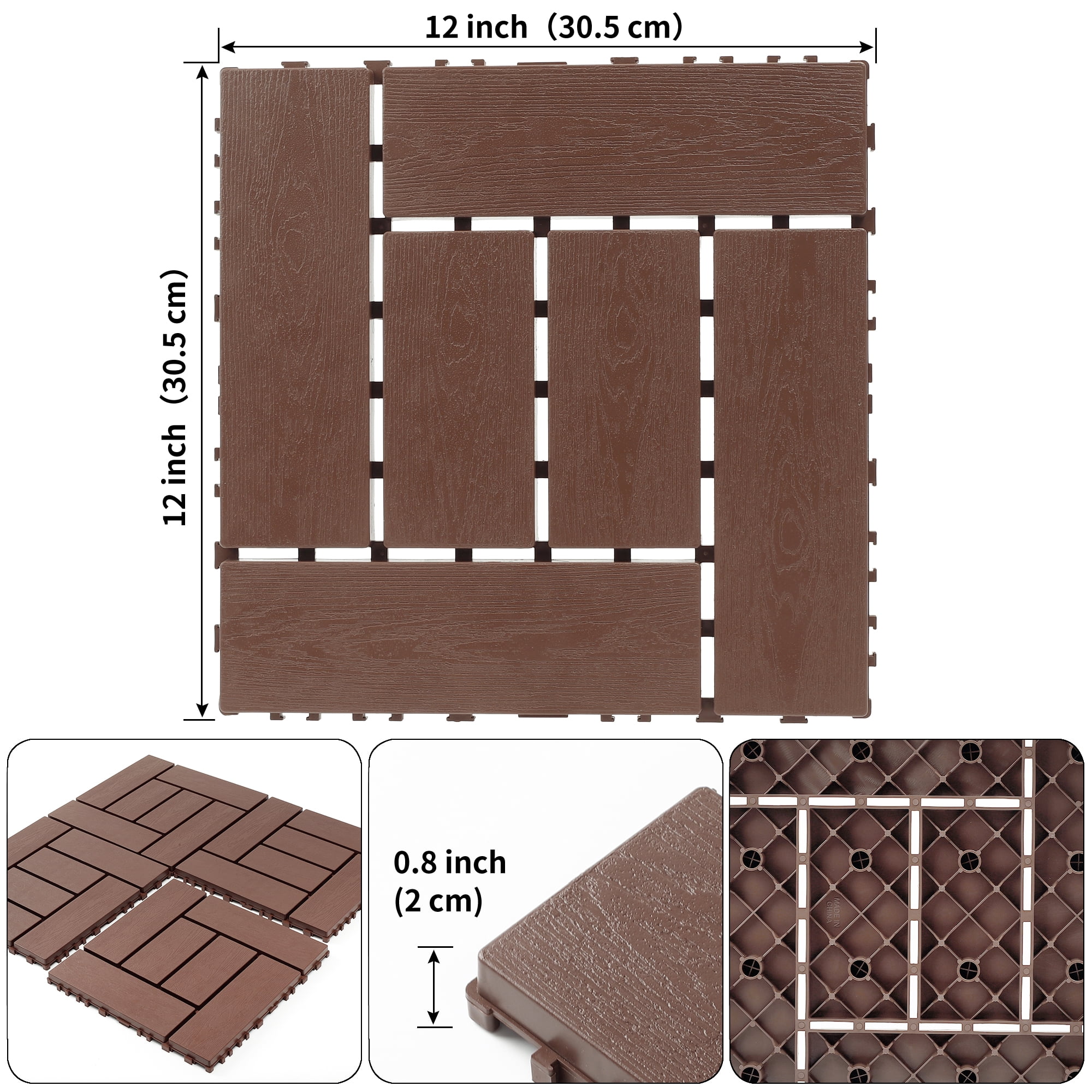 44 PCS 12-Inch ZZ Style Interlocking Deck Tiles Brown DIY Modular Floor Tiles Indoor Outdoor Courtyard Balcony Bathroom Quick Install Flooring