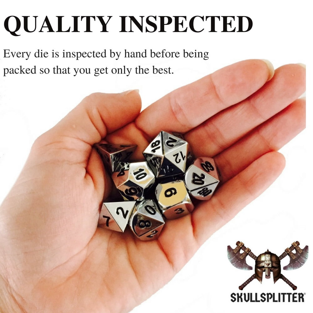 Thieves Tools with Shiny Chrome / Silver Color with Black Numbering Metal Dice Set -
