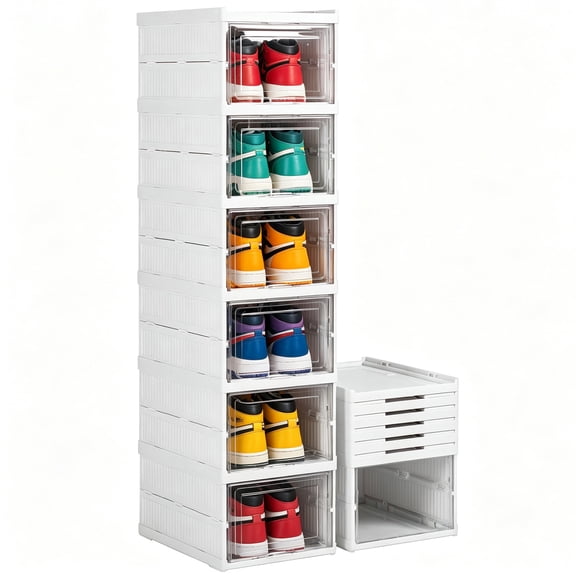 GARITIN Shoe Storage Box, 6 Tier Foldable No Assembly Clear Door Stackable Plastic Shoe Organizer