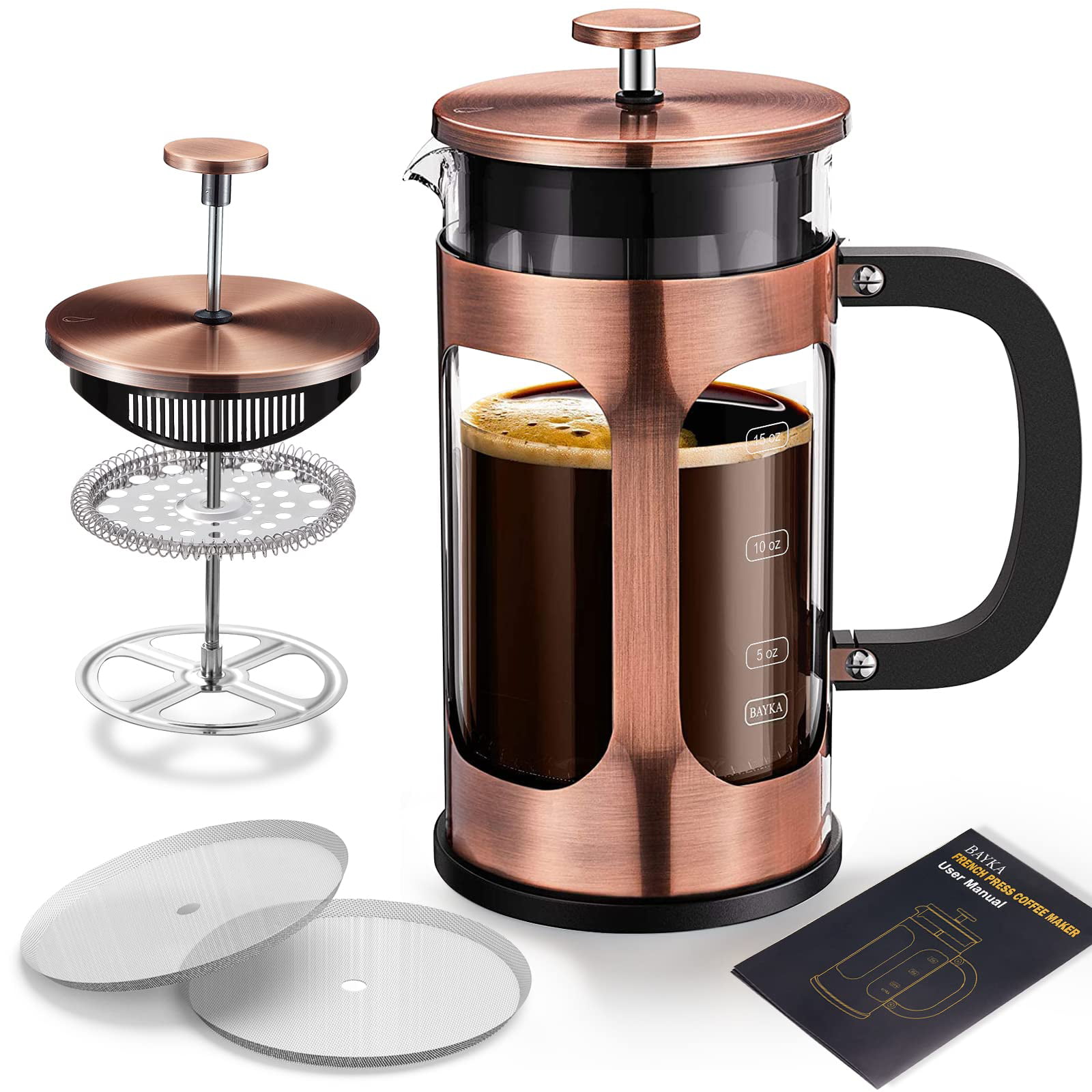 BAYKA 21 Ounce French Press Coffee Tea Maker Small, Stainless Steel Coffee  Press Single Serve, Heat Resistant Thickened Borosilicate Glass, Copper 0.6