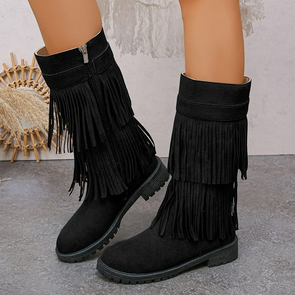 Willtoo Flat Boots With Fringe For Women,Mid Calf Boots For Women Low Heel,Suede Ankle Boots Black