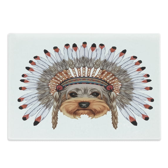 Yorkie Cutting Board, Yorkshire Terrier in Bonnet Culture Hand Drawn Dog Canine Illustration, Decorative Tempered Glass Cutting and Serving Board, Large Size, Multicolor, by Ambesonne