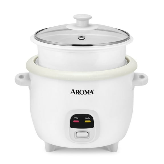 Restored AROMA® 6-Cup Rice Cooker & Food Steamer with Bonded Granite® Nonstick Ceramic & Pop-Up Steam Tray - White (Refurbished)