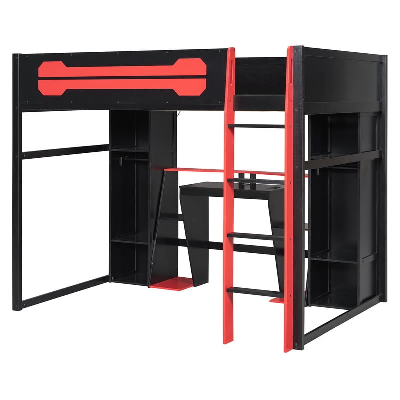 Full Size Wooden Gaming Loft Bed with Desk, RGB LED Lights, USB Charging Station, Wardrobe and Storage Cabinets, Space-Saving Loft Bed Frame with Workstation for Bedroom