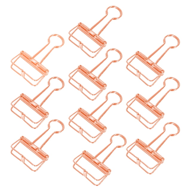10 clips metálicos decorativos de 32mm en tono oro rosa, acabado dorado y diseño calado, ideales para organizar documentos y papelería, incluye 10 piezas.