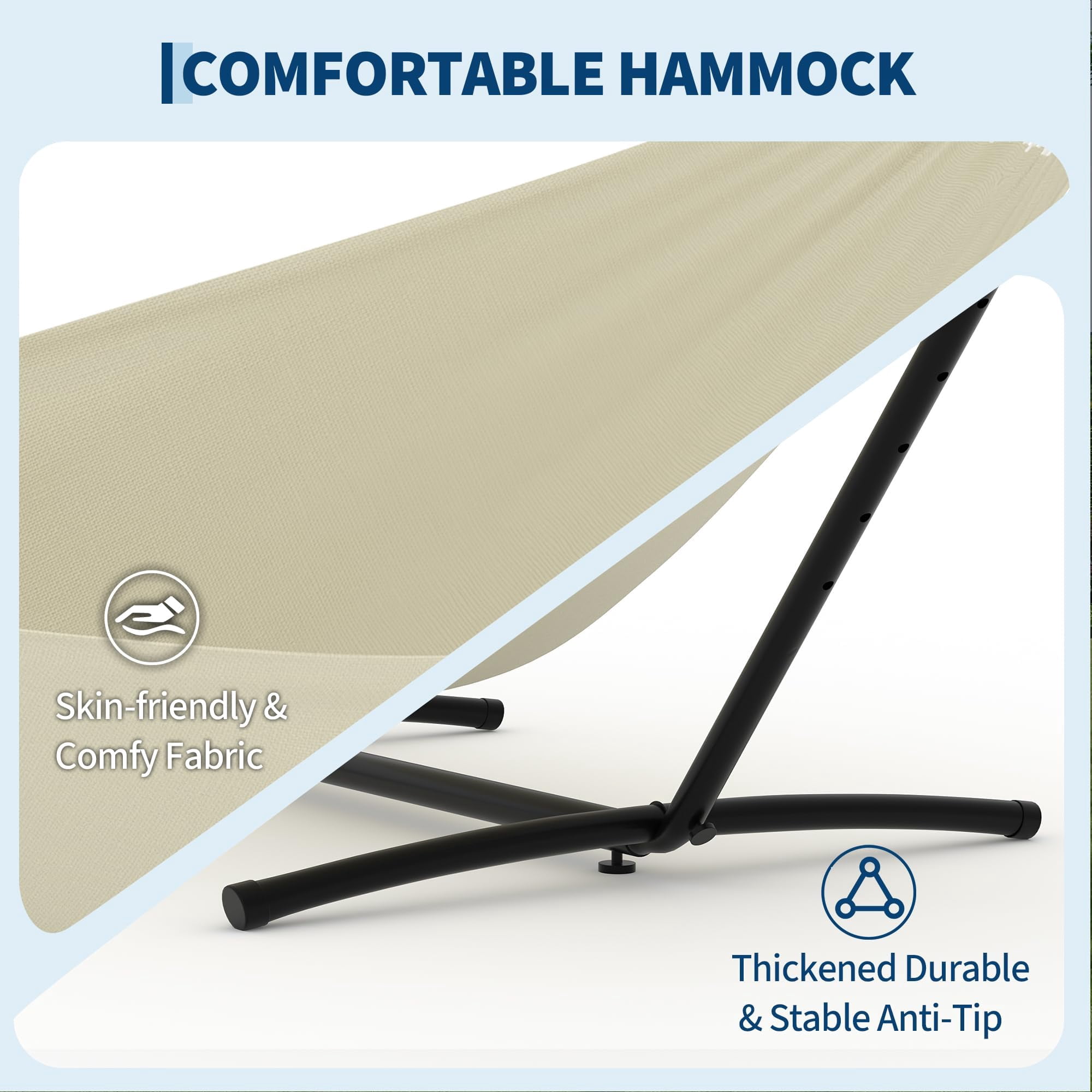 Portable Hammock with Stand, 500 lbs Capacity Hammock for Indoor & Outdoor Use, Includes Carry Bag & Adjustable Steel Frame(Beige)