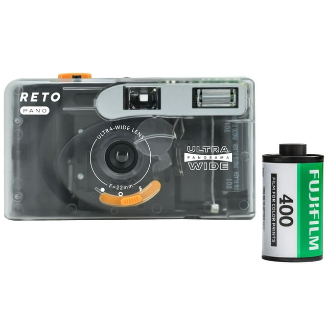 RETO PANO Appareil Photo à Film Réutilisable Objectif Grand 35 mm, Panorama, Modes Cinématiques, Flash Intégré (Blanc Translucide) Plus Film Fujifilm 400 (Exposition 36)
