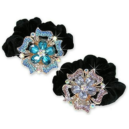 Multi Color Jeweled Flower - Jeweled Flower Black Elastic Hair Tie Scrunchie - Set of 2 - White Gold Color Metal with Decorative Blue and Pink Rhinestone Crystals