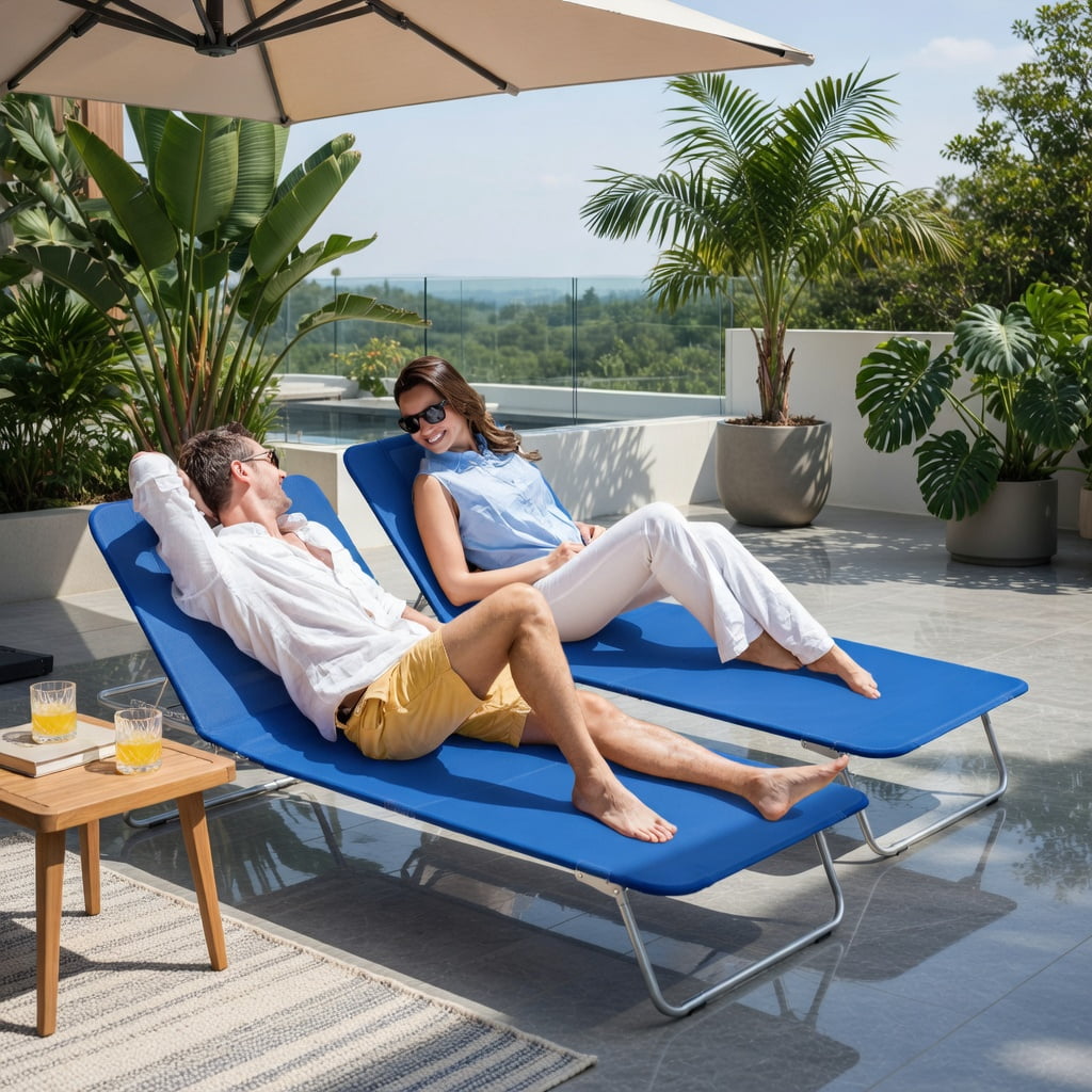 Hommoo 3-Piece Adjustable Beach Lounge Chair Set with Folding Table, Stripe Design, Portable Aluminum Frame, 5-Position Reclining Chairs for Beach, Camping, Patio & Backyard, Blue